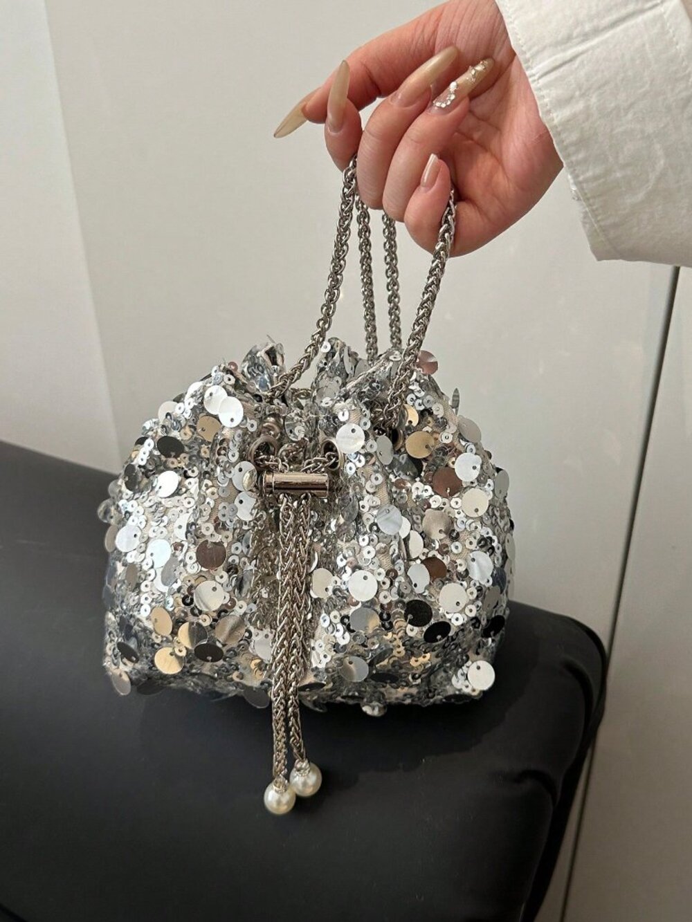 Silver Glamorous Women's Chain Sequin Embellished Bucket bag purse